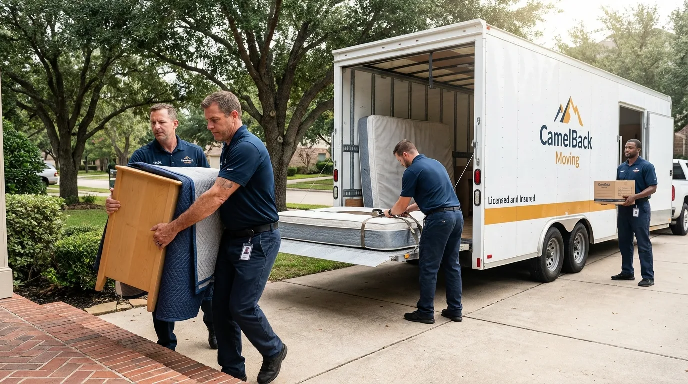 Crew loading residential truck for cross-state move from Texas City, TX