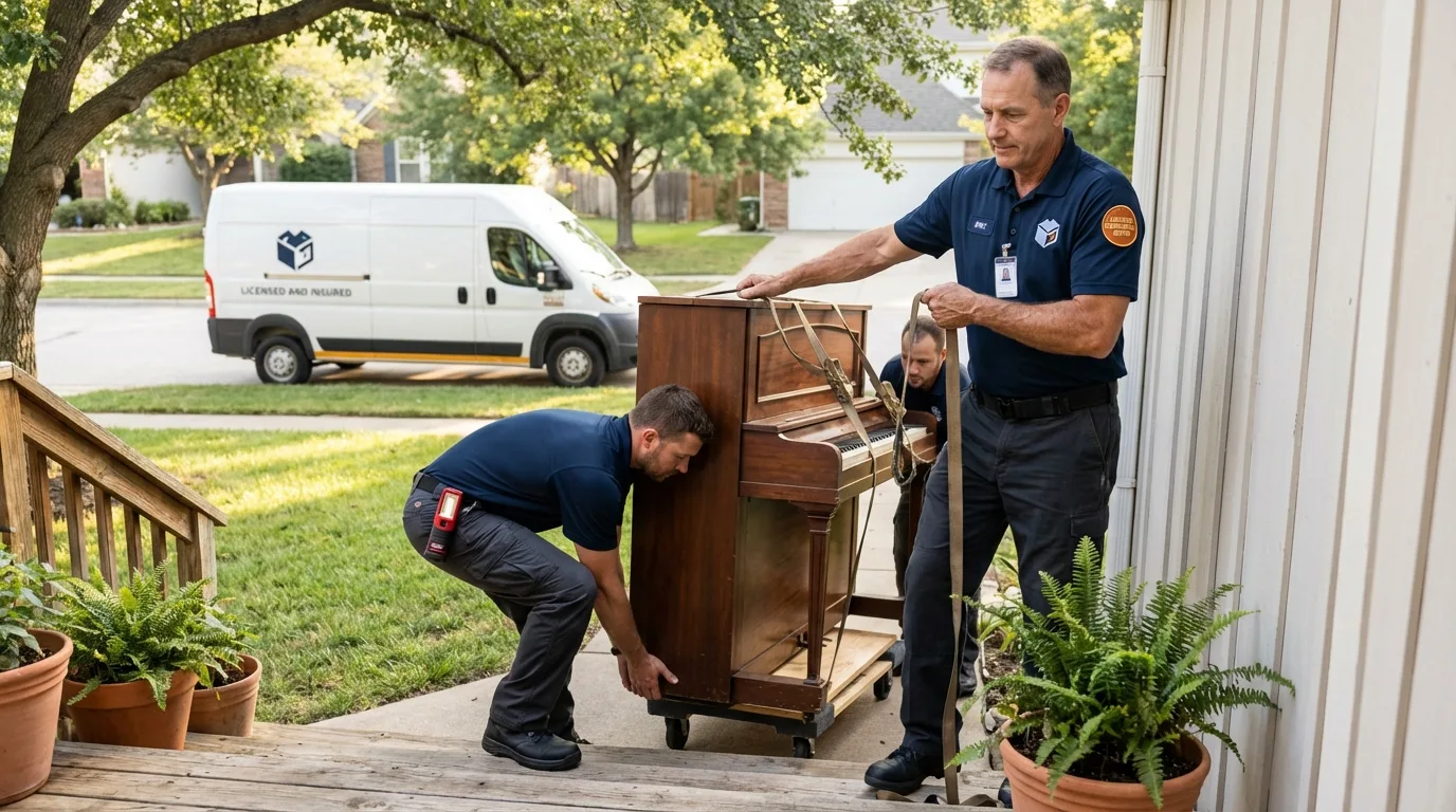 Licensed piano movers securing grand piano in Texas City, TX