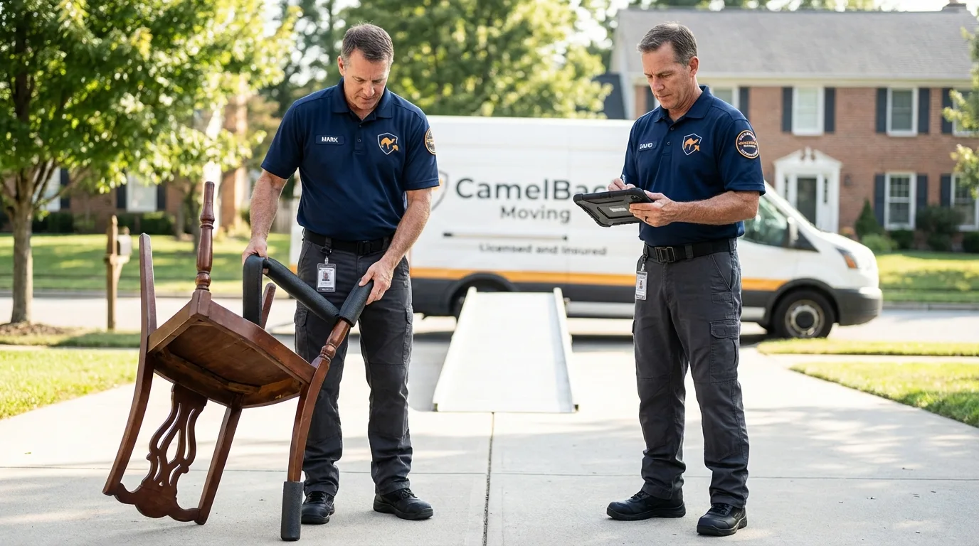 Movers inspecting furniture for damage prevention before loading in Texas City, TX
